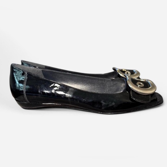 Stuart Weitzman Black Patent Leather Silver Buckle Peep-Toe Flats - Picture 3 of 9